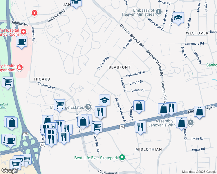 map of restaurants, bars, coffee shops, grocery stores, and more near 407 Beaufont Hills Drive in Richmond