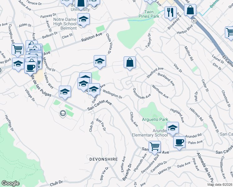 map of restaurants, bars, coffee shops, grocery stores, and more near 574 Wellington Drive in San Carlos