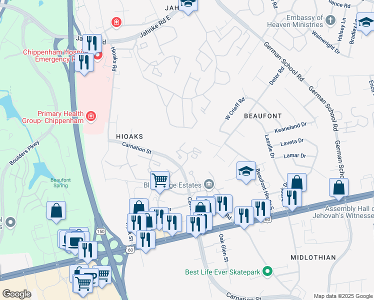 map of restaurants, bars, coffee shops, grocery stores, and more near 6718 Carnation Street in Richmond