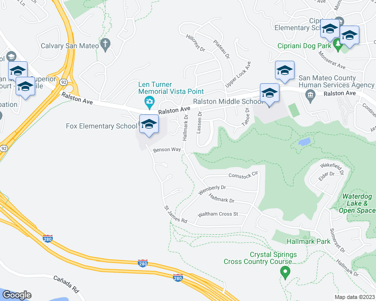map of restaurants, bars, coffee shops, grocery stores, and more near 2900 Hallmark Drive in Belmont