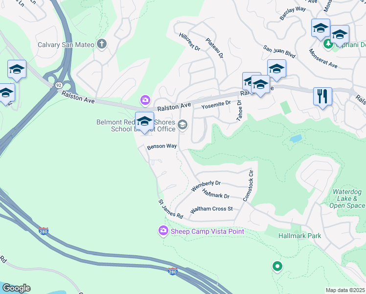 map of restaurants, bars, coffee shops, grocery stores, and more near 2900 Hallmark Drive in Belmont