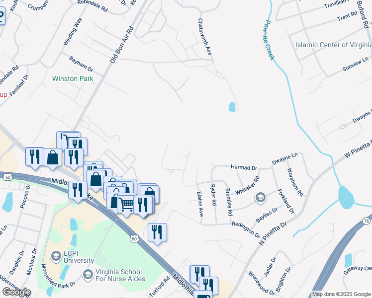 map of restaurants, bars, coffee shops, grocery stores, and more near 9641 Benbow Road in Bon Air
