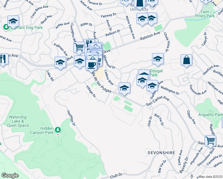 map of restaurants, bars, coffee shops, grocery stores, and more near 1215 Alameda de las Pulgas in Belmont