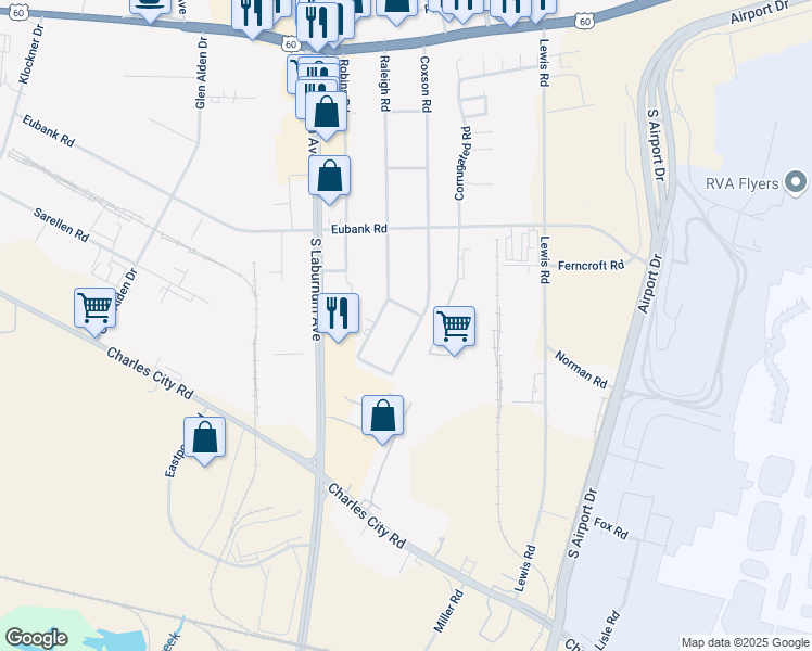 map of restaurants, bars, coffee shops, grocery stores, and more near 5500 Nanny Road in Henrico