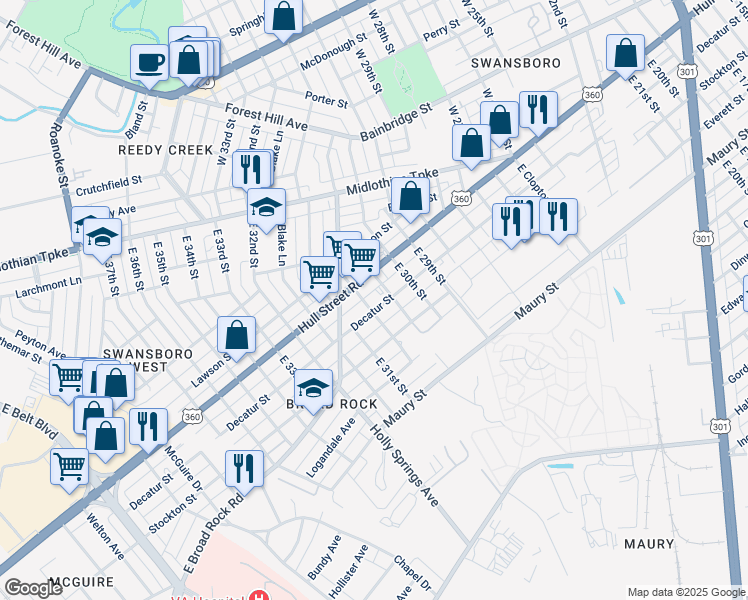 map of restaurants, bars, coffee shops, grocery stores, and more near 3059 Decatur Street in Richmond