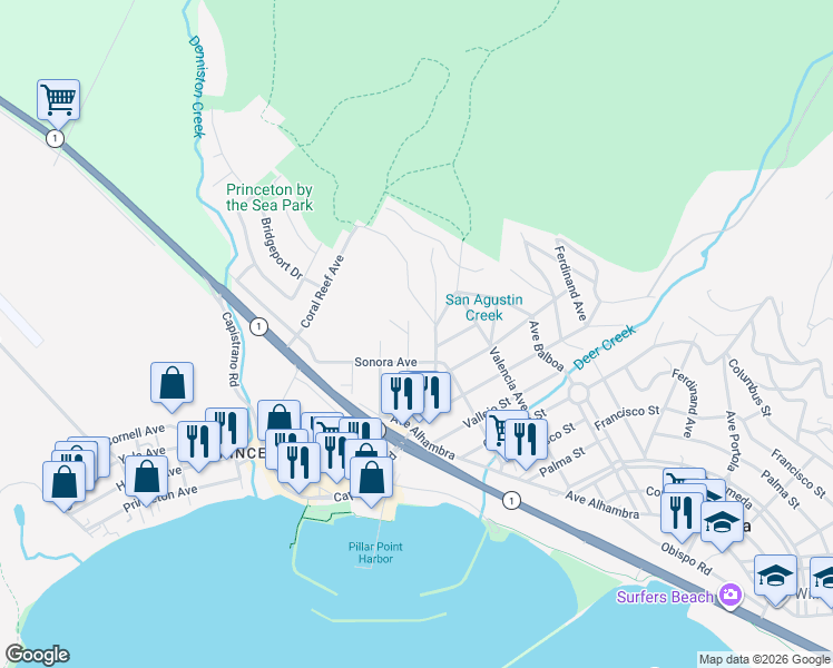 map of restaurants, bars, coffee shops, grocery stores, and more near 306 Sevilla Avenue in Half Moon Bay