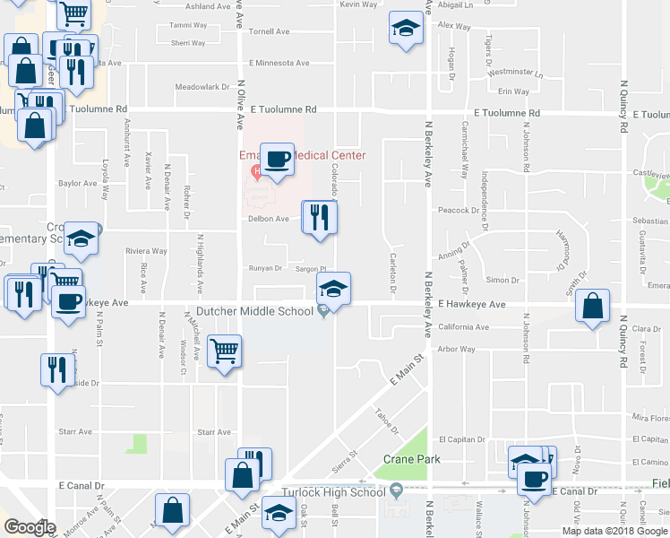 map of restaurants, bars, coffee shops, grocery stores, and more near Sargon Place in Turlock