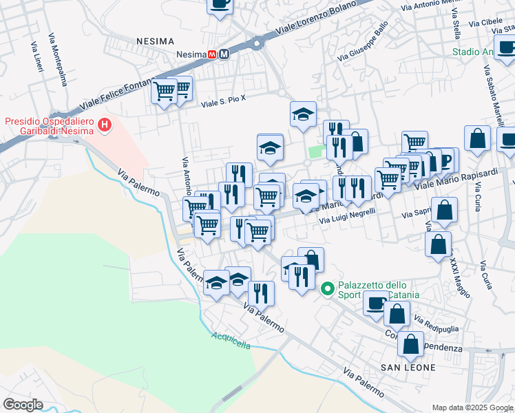 map of restaurants, bars, coffee shops, grocery stores, and more near Via Giacomo Pagliari in Catania