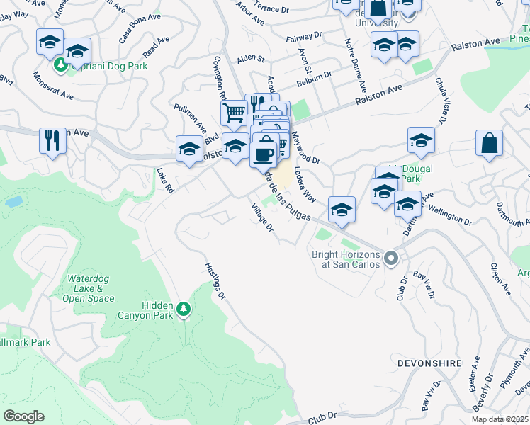 map of restaurants, bars, coffee shops, grocery stores, and more near 1127 Village Drive in Belmont