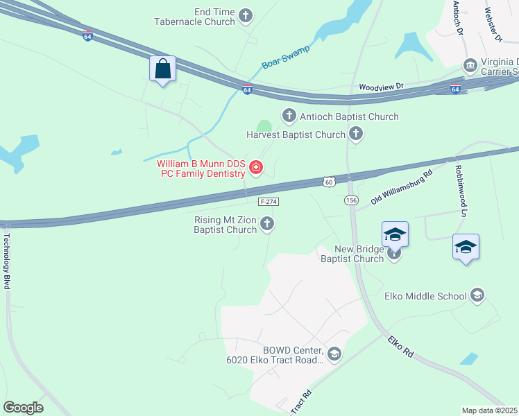 map of restaurants, bars, coffee shops, grocery stores, and more near 3817 Rising Mount Zion Road in Sandston