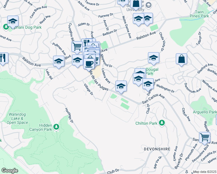 map of restaurants, bars, coffee shops, grocery stores, and more near 1224 Ladera Way in Belmont