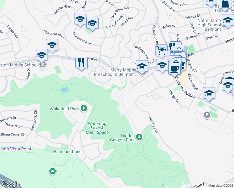 map of restaurants, bars, coffee shops, grocery stores, and more near 1100 Live Oak Way in Belmont