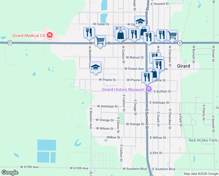 map of restaurants, bars, coffee shops, grocery stores, and more near 200-298 South Water Street in Girard