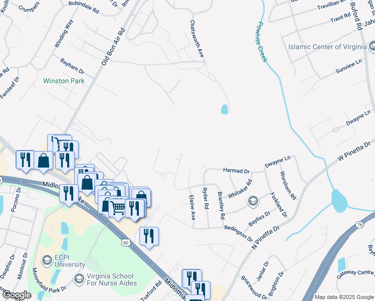 map of restaurants, bars, coffee shops, grocery stores, and more near 9642 Benbow Road in Richmond