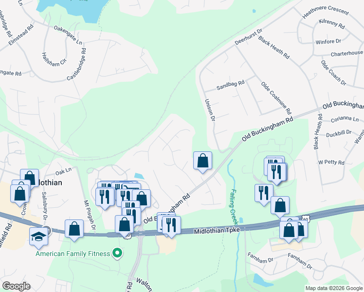 map of restaurants, bars, coffee shops, grocery stores, and more near 12602 Southwick Terrace in Midlothian