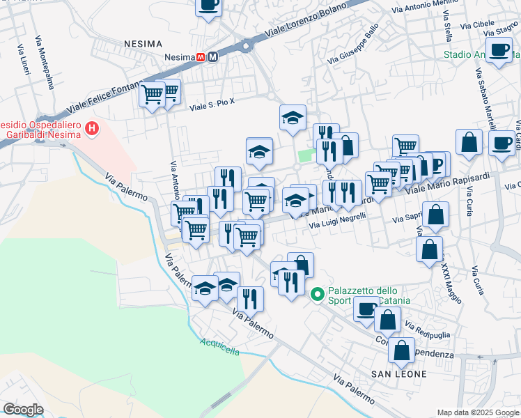 map of restaurants, bars, coffee shops, grocery stores, and more near Via Giacomo Pagliari in Catania