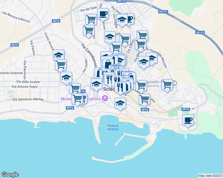 map of restaurants, bars, coffee shops, grocery stores, and more near 1/A Via Mori in Sciacca