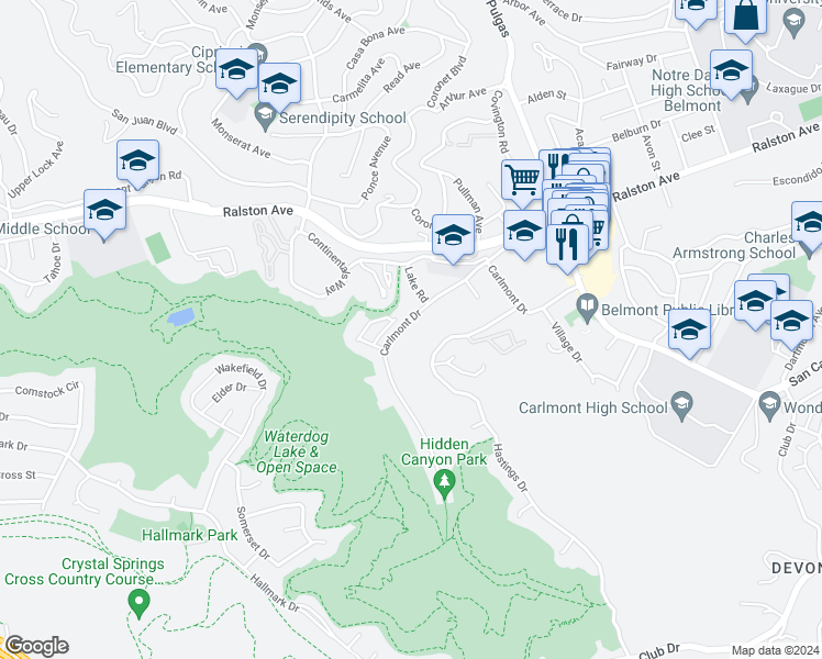 map of restaurants, bars, coffee shops, grocery stores, and more near 2411 Carlmont Drive in Belmont