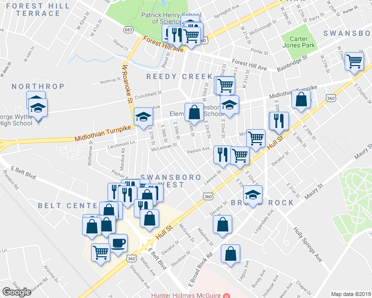 map of restaurants, bars, coffee shops, grocery stores, and more near 109 East 35th Street in Richmond