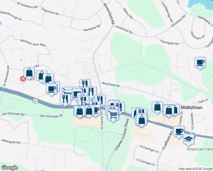map of restaurants, bars, coffee shops, grocery stores, and more near 1206 Ryanwood Court in Midlothian