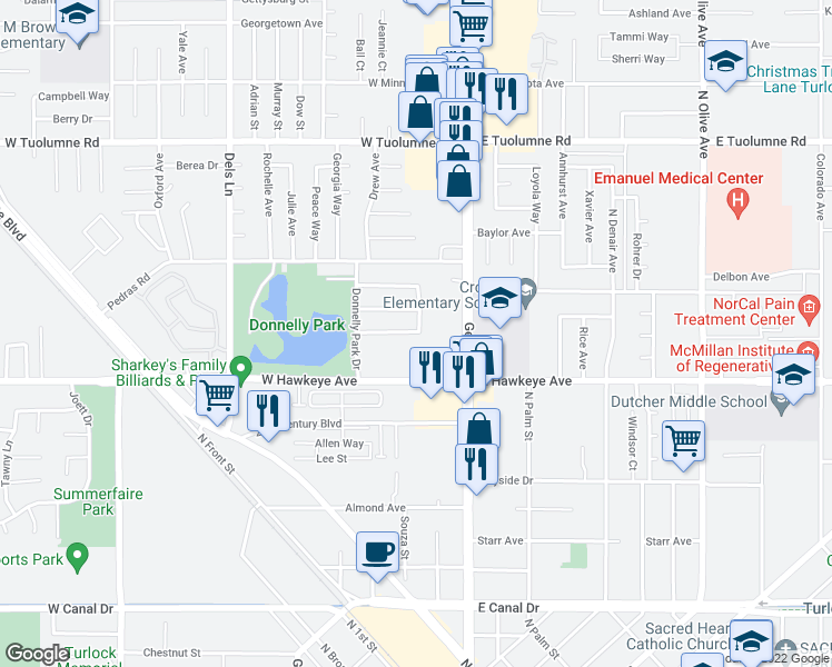 map of restaurants, bars, coffee shops, grocery stores, and more near 221 Earlham Drive in Turlock