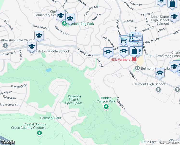 map of restaurants, bars, coffee shops, grocery stores, and more near 100 Live Oak Way in Belmont