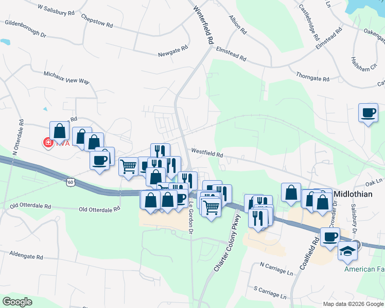 map of restaurants, bars, coffee shops, grocery stores, and more near 1206 Ryanwood Court in Midlothian