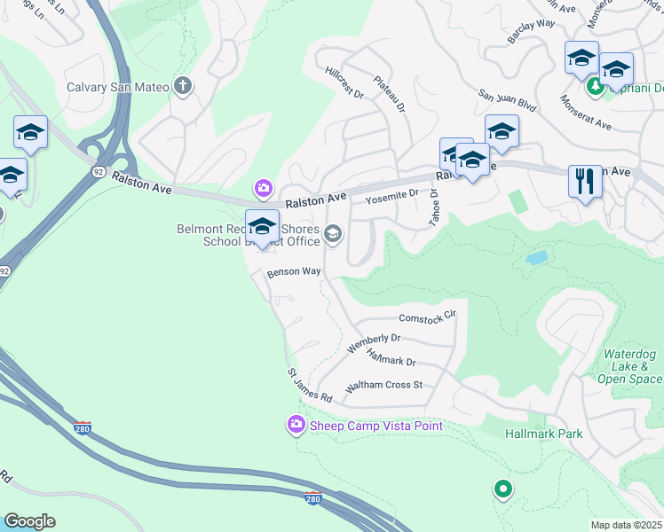 map of restaurants, bars, coffee shops, grocery stores, and more near 2908 Hallmark Drive in Belmont