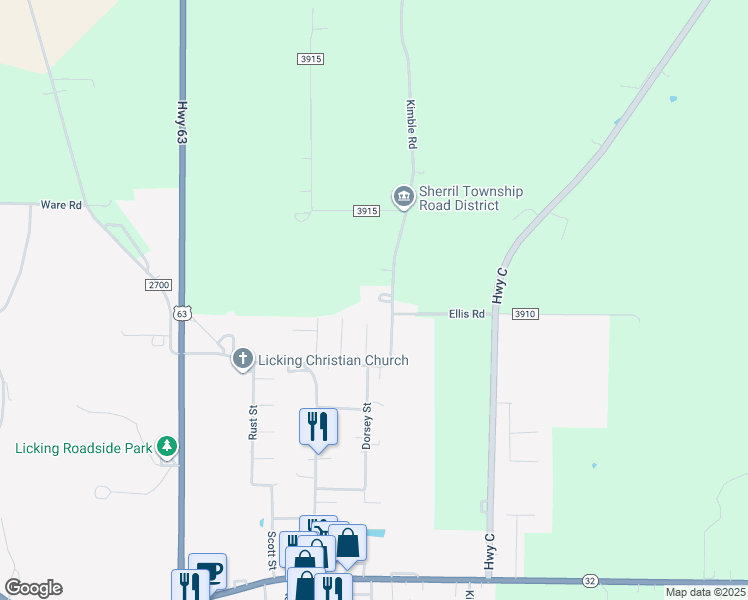 map of restaurants, bars, coffee shops, grocery stores, and more near Kimble Road in Licking