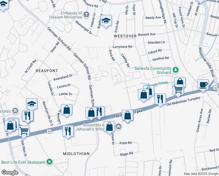 map of restaurants, bars, coffee shops, grocery stores, and more near 5700 Melmark Road in Richmond