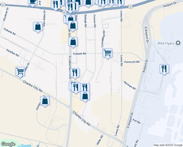 map of restaurants, bars, coffee shops, grocery stores, and more near 5500 Nanny Road in Henrico