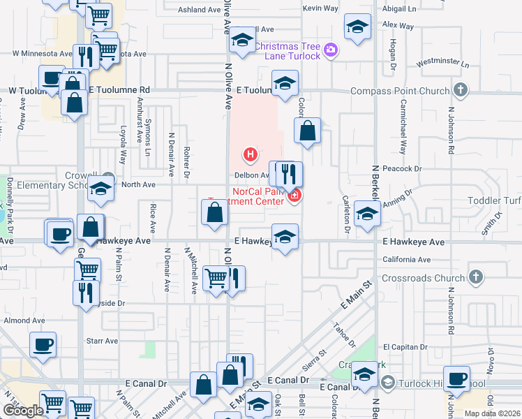 map of restaurants, bars, coffee shops, grocery stores, and more near 905 Runyan Drive in Turlock