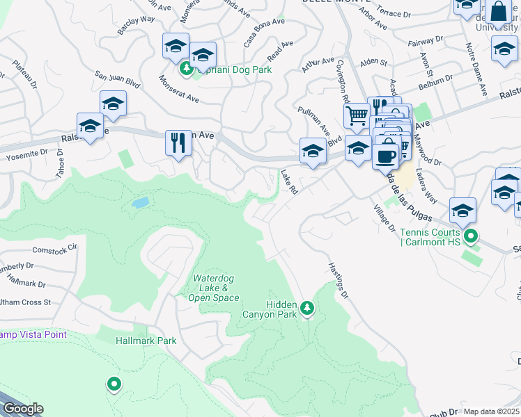 map of restaurants, bars, coffee shops, grocery stores, and more near 407 Live Oak Way in Belmont