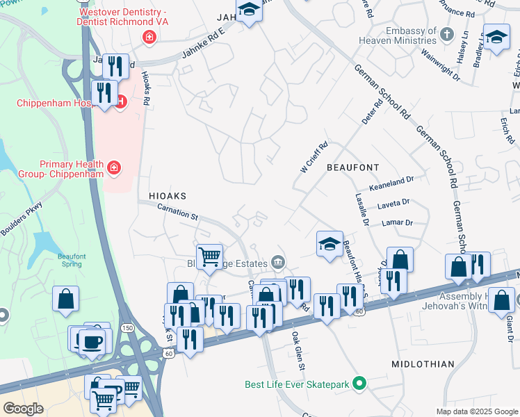 map of restaurants, bars, coffee shops, grocery stores, and more near 522 Vaden Drive in Richmond