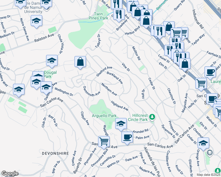 map of restaurants, bars, coffee shops, grocery stores, and more near 140 Northam Avenue in San Carlos