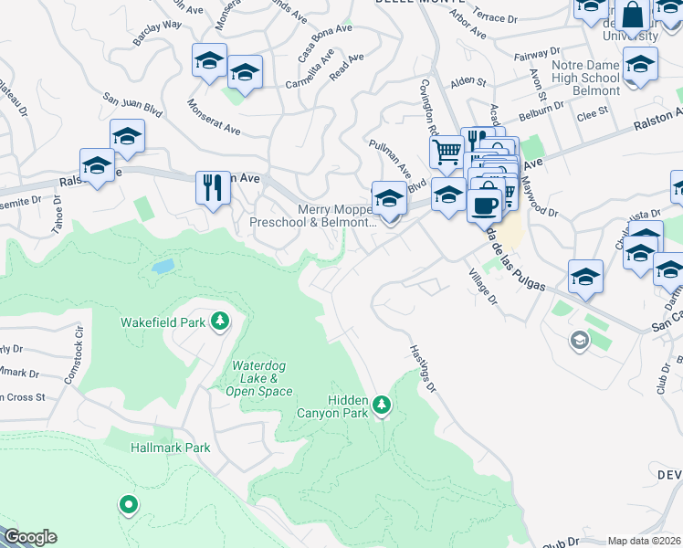 map of restaurants, bars, coffee shops, grocery stores, and more near 407 Live Oak Way in Belmont