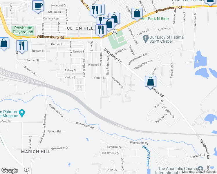 map of restaurants, bars, coffee shops, grocery stores, and more near 5421 Blue Ridge Avenue in Richmond