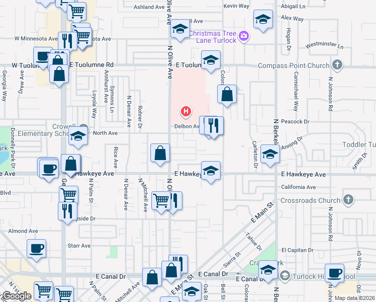 map of restaurants, bars, coffee shops, grocery stores, and more near 905 Runyan Drive in Turlock
