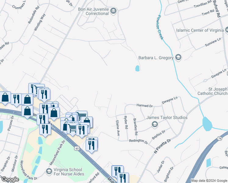map of restaurants, bars, coffee shops, grocery stores, and more near 9644 Benbow Road in Richmond