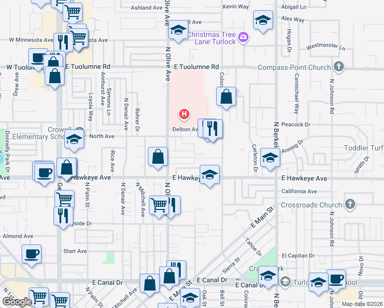 map of restaurants, bars, coffee shops, grocery stores, and more near 905 Runyan Drive in Turlock