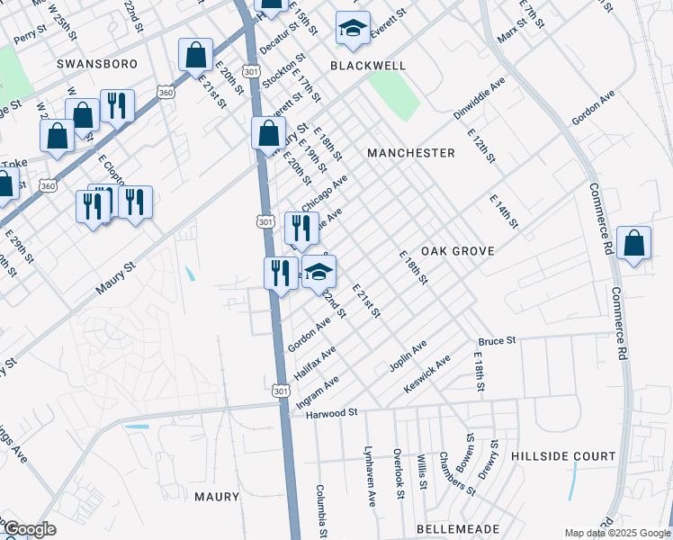 map of restaurants, bars, coffee shops, grocery stores, and more near 2103 Fairfax Avenue in Richmond