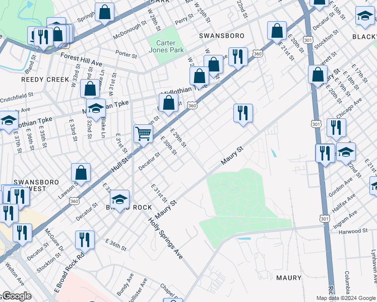 map of restaurants, bars, coffee shops, grocery stores, and more near Stockton Street in Richmond