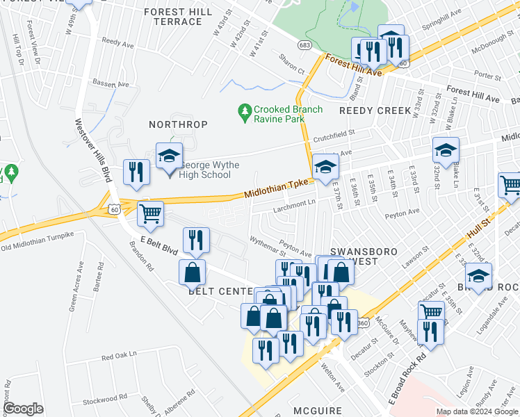 map of restaurants, bars, coffee shops, grocery stores, and more near 3917 Larchmont Lane in Richmond
