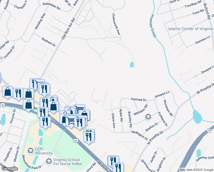 map of restaurants, bars, coffee shops, grocery stores, and more near 9644 Benbow Road in Richmond