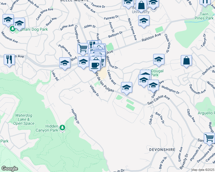 map of restaurants, bars, coffee shops, grocery stores, and more near 1191 Alameda de las Pulgas in Belmont
