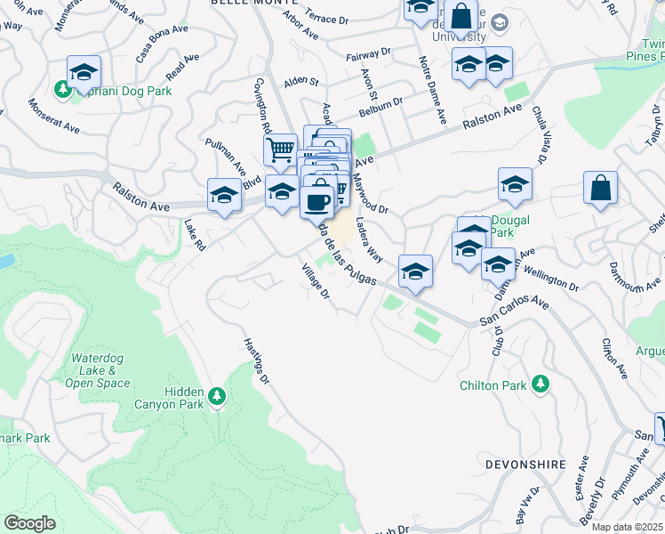 map of restaurants, bars, coffee shops, grocery stores, and more near 1110 Alameda de las Pulgas in Belmont