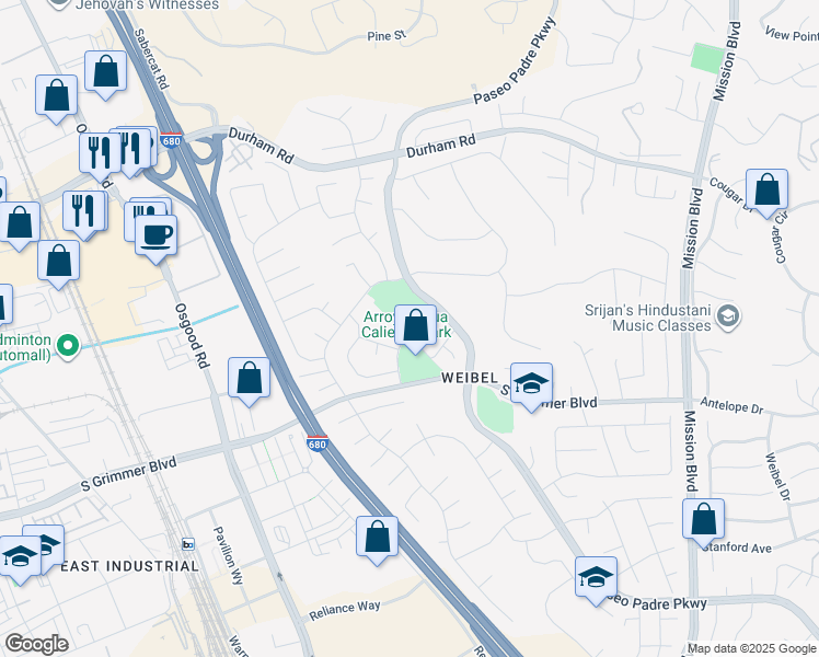 map of restaurants, bars, coffee shops, grocery stores, and more near 44800 Gardenia Way in Fremont