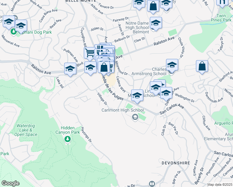 map of restaurants, bars, coffee shops, grocery stores, and more near 1191 Alameda de las Pulgas in Belmont