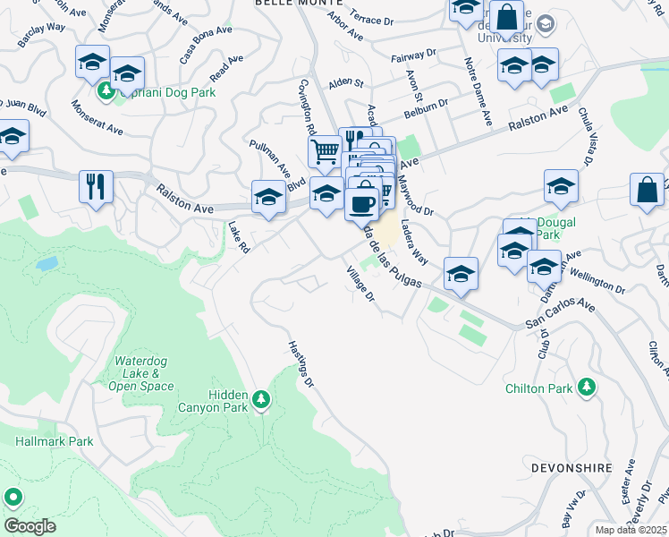 map of restaurants, bars, coffee shops, grocery stores, and more near 2137 Carlmont Drive in Belmont