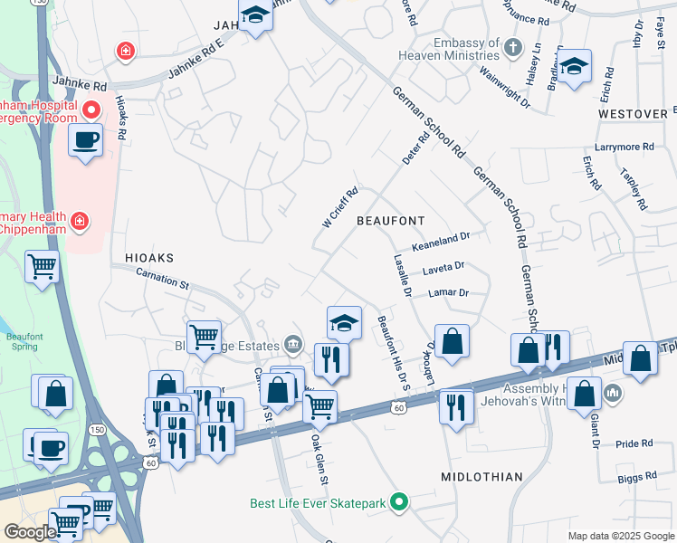 map of restaurants, bars, coffee shops, grocery stores, and more near 409 Vevadel Drive in Richmond